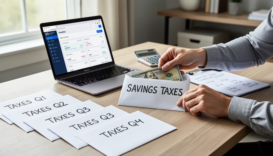 Hands separating Canadian dollar bills into piles with savings jar on desk