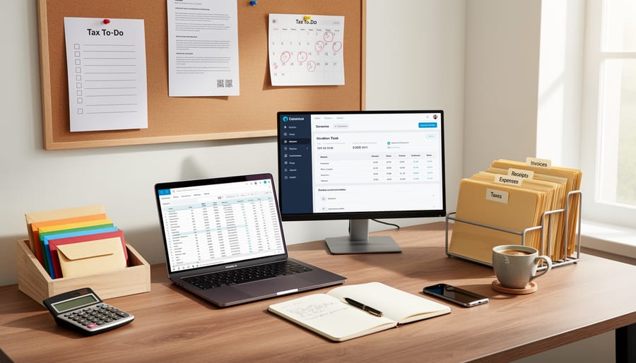 Overhead view of organized freelancer workspace with laptop, calculator, and paperwork on wooden desk