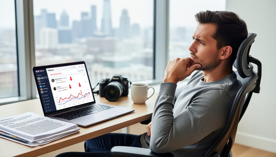 Freelance writer looking frustrated while working at laptop in home office