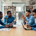 Diverse writers collaborate at a bright studio table, including a wheelchair user, a person with a white cane, a Deaf person signing, and a writer wearing headphones, with bookshelves and an accessible ramp in the background.