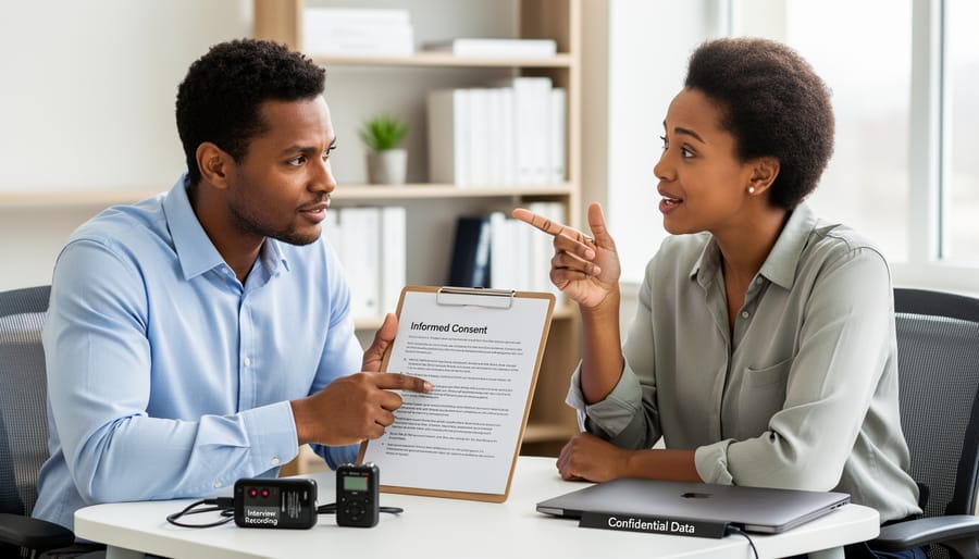 Writer conducting ethical interview with consent and transparency