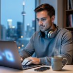 Toronto freelance writer at a modern desk using a laptop and smartphone, headphones around neck and coffee mug nearby, illuminated by evening window light and cool screen glow, with the CN Tower and bookshelves softly blurred behind.