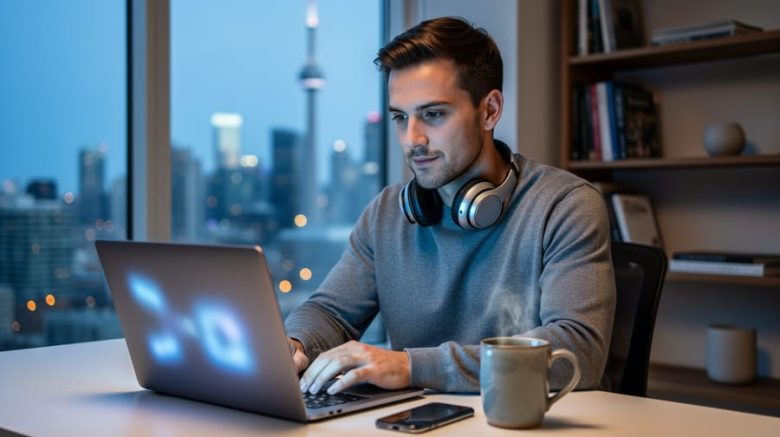 Toronto freelance writer at a modern desk using a laptop and smartphone, headphones around neck and coffee mug nearby, illuminated by evening window light and cool screen glow, with the CN Tower and bookshelves softly blurred behind.