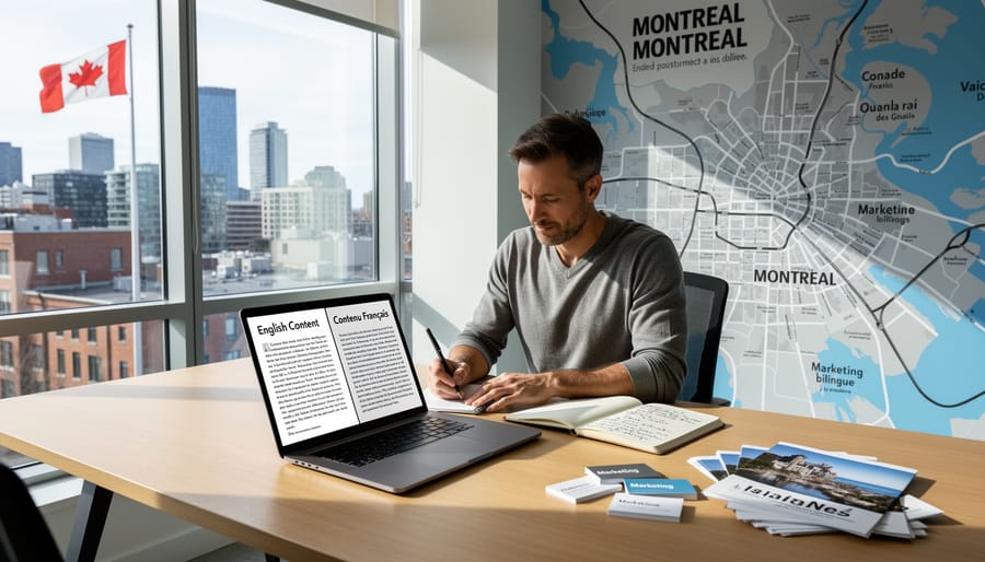 Overhead view of bilingual writer's workspace with laptop and materials in English and French