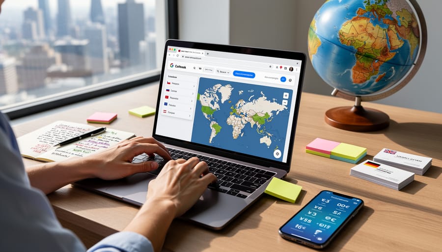 Laptop keyboard with international language flags representing multilingual freelance writing work