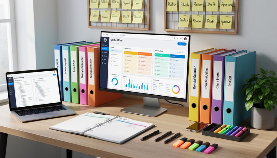 Organized freelance writer's desk with notebook, laptop, and reference materials