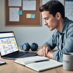 Organized home office desk with a freelancer reviewing a laptop while a smartphone shows color calendar blocks; coffee, notebook, pen, and headphones on a wooden surface; soft morning window light; blurred corkboard and wall calendar in the background with no readable text.