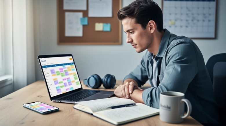 Organized home office desk with a freelancer reviewing a laptop while a smartphone shows color calendar blocks; coffee, notebook, pen, and headphones on a wooden surface; soft morning window light; blurred corkboard and wall calendar in the background with no readable text.