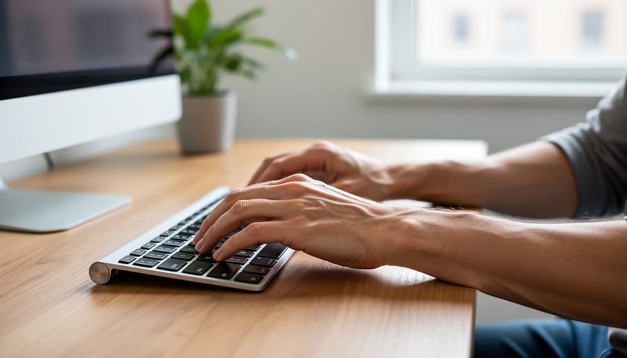 Hands demonstrating correct ergonomic positioning on keyboard and mouse