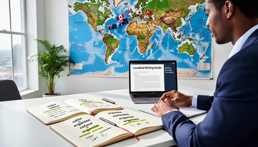 Notebook and reference materials showing regional English language variations