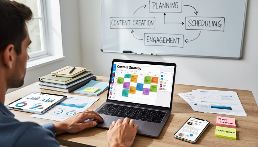 Overhead view of freelance writer's desk with laptop, phone, and content planning materials