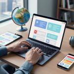 Freelance writer at a modern desk working on software localization, hands on laptop with tablet and smartphone showing abstracted interfaces without readable text, small globe and headphones, soft daylight, blurred bookshelf and city skyline in background