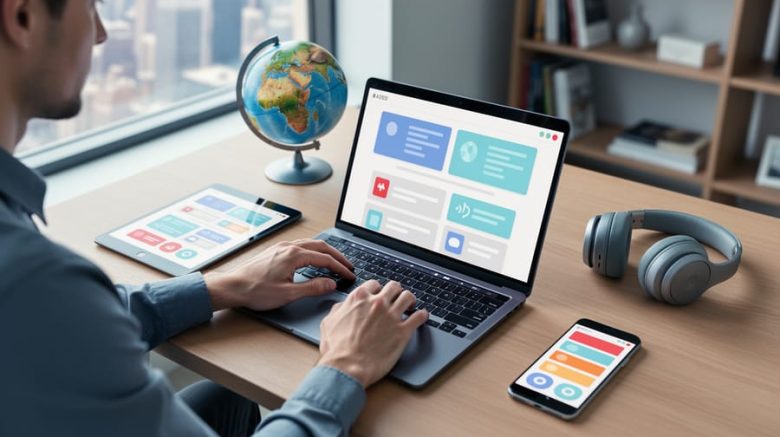 Freelance writer at a modern desk working on software localization, hands on laptop with tablet and smartphone showing abstracted interfaces without readable text, small globe and headphones, soft daylight, blurred bookshelf and city skyline in background