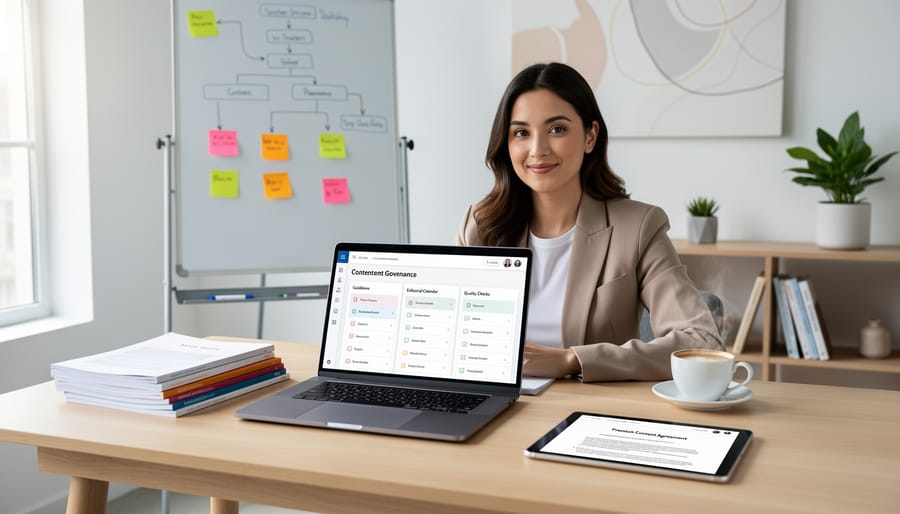 Confident freelance writer reviewing work in professional home office setting