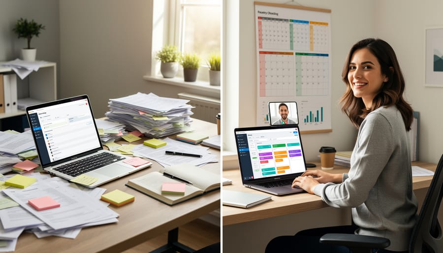 Confident freelance writer working successfully in organized home office environment