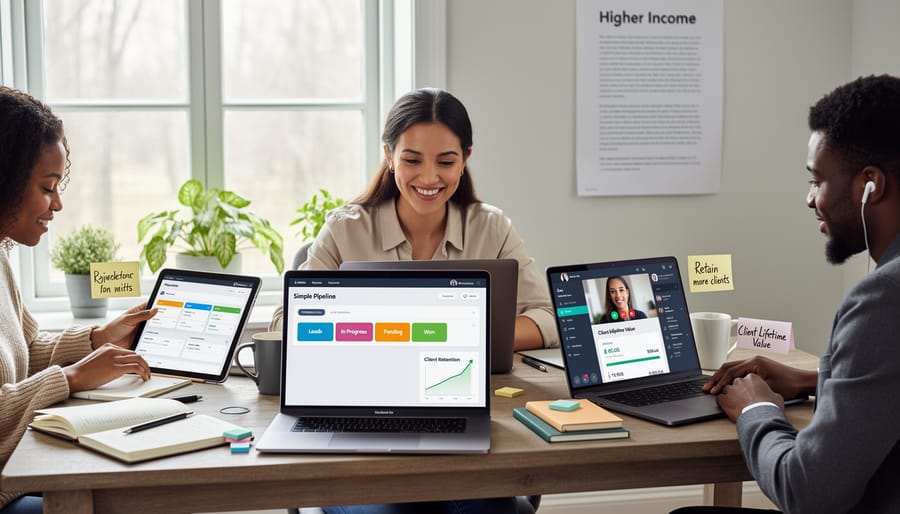 Smiling freelance writer working confidently at home office desk with laptop and plants