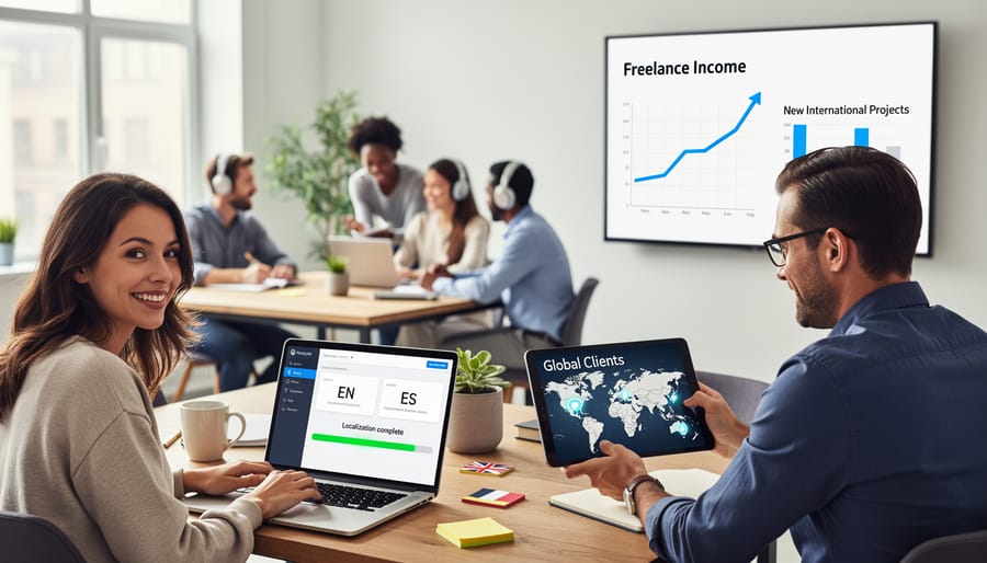 Freelance writer conducting video call with international client from home office