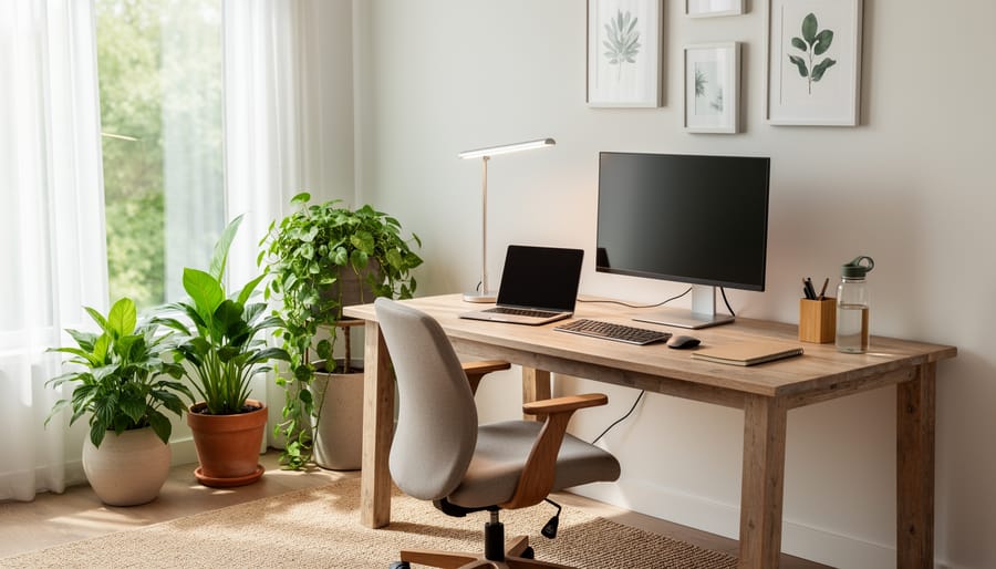 Clean minimalist home office desk with laptop, plants, and eco-friendly accessories