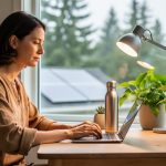 Freelance writer typing on a laptop at a natural wood desk in a bright, plant-filled home office, with a stainless steel water bottle, LED desk lamp, and a window showing evergreen trees and a distant rooftop solar panel; soft daylight and shallow depth of field create a clean, modern, professional mood.