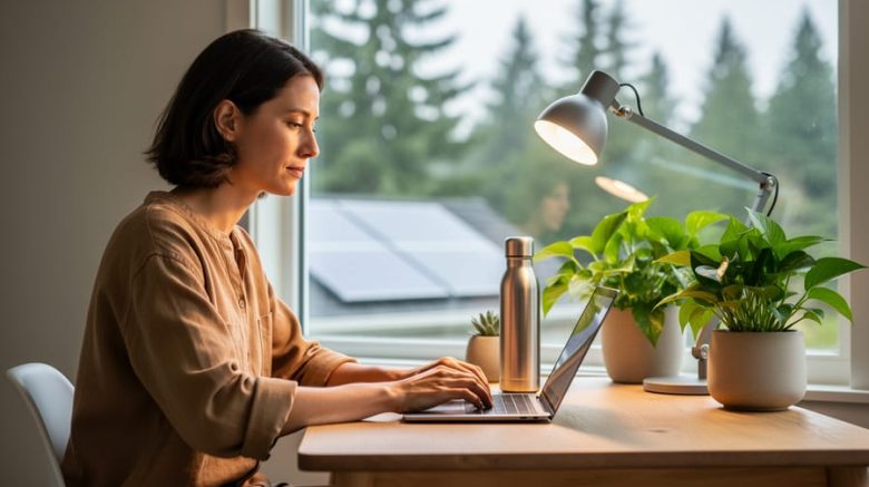 Freelance writer typing on a laptop at a natural wood desk in a bright, plant-filled home office, with a stainless steel water bottle, LED desk lamp, and a window showing evergreen trees and a distant rooftop solar panel; soft daylight and shallow depth of field create a clean, modern, professional mood.