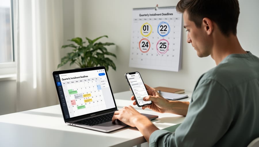 Person holding smartphone with calendar reminders for tax payment dates