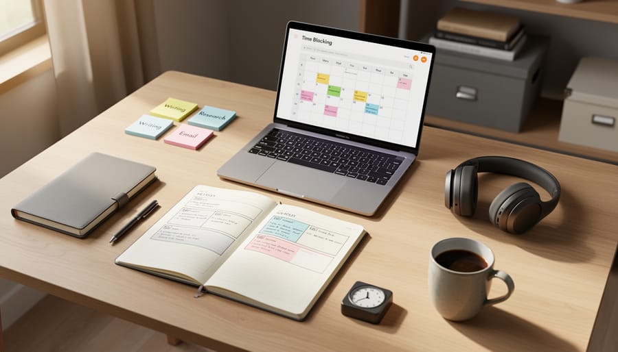 Minimalist writer's desk with notebook, laptop and wall calendar showing organized schedule