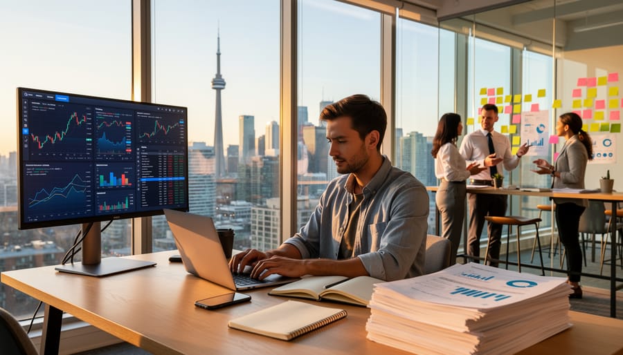 Freelance writers working in modern co-working space with Toronto skyline in background