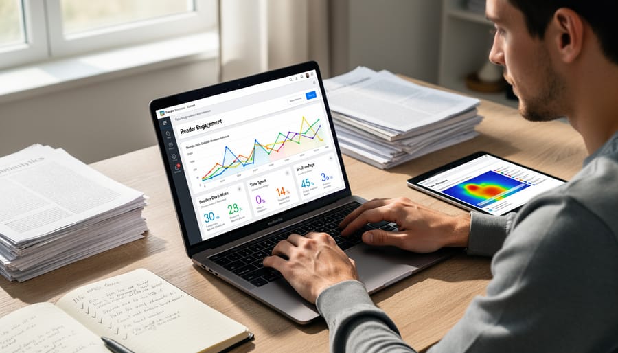 Overhead view of writer's workspace with notebook, devices showing analytics, and coffee