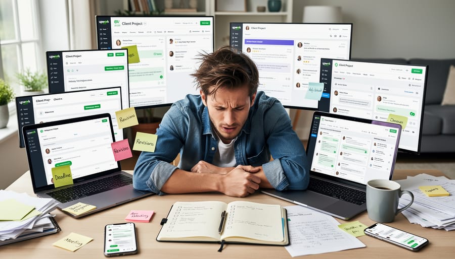 Freelancer appearing stressed while working at laptop with multiple projects open