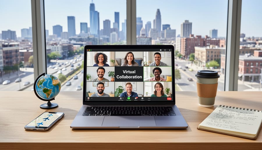 Freelancer participating in virtual video meeting from home office