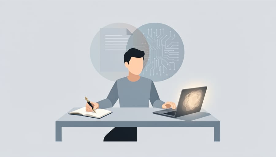 Writer's hands typing on laptop with digital AI interface elements visible above keyboard