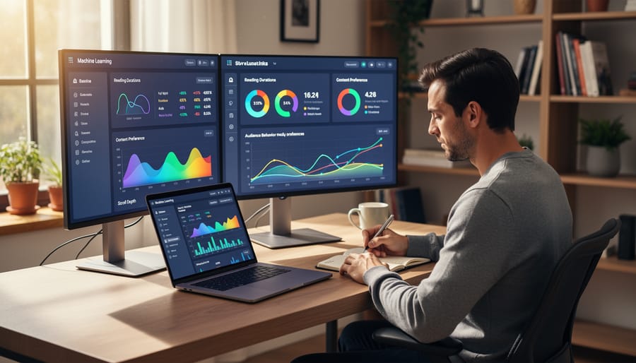Freelance writer analyzing audience data on laptop in home office