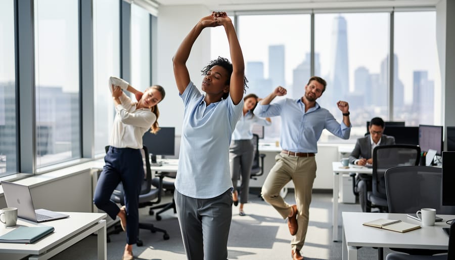 Writer taking a stretching break while working at standing desk in home office