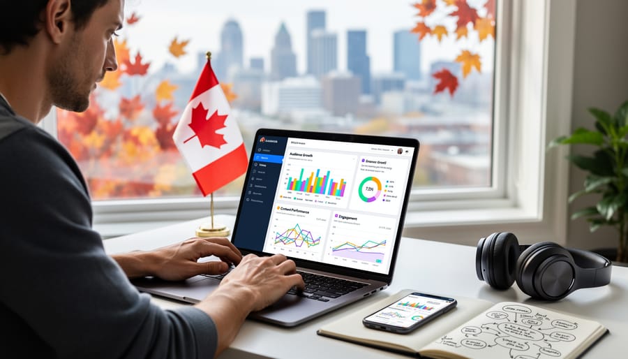 Successful freelance writer reviewing newsletter performance in home workspace