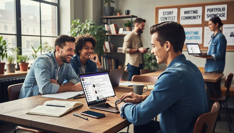 Group of freelance writers collaborating and sharing ideas in modern workspace