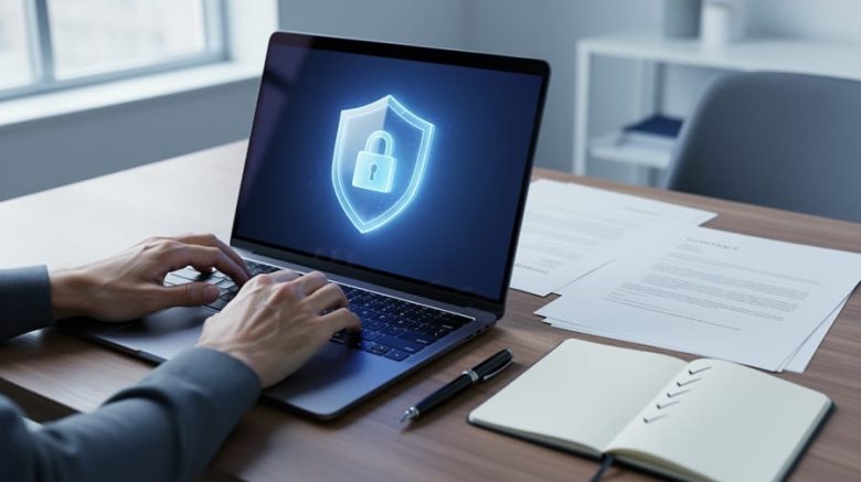 Close-up from above of a writer’s hands on a laptop emitting a faint AI-like glow with a translucent lock icon, alongside blank contract pages, a fountain pen, and a checklist notebook on a wooden desk, with soft daylight and a blurred modern office background.