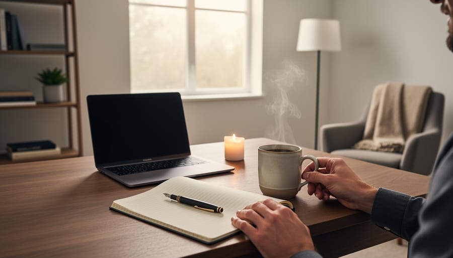Close-up of writer's hand writing in journal with coffee cup nearby during morning routine