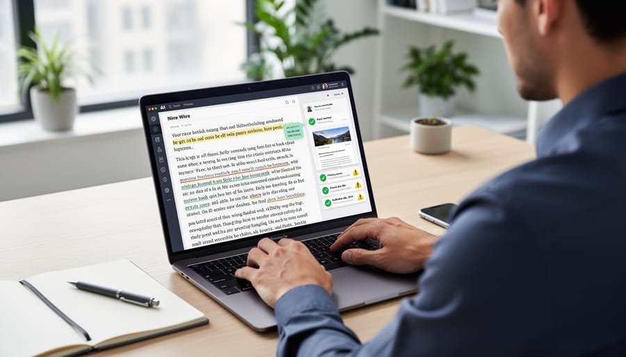 Close-up of writer's hands typing on laptop with document visible on screen