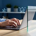 Freelance writer typing on a laptop at a minimalist desk with a clear glass panel catching soft daylight, blurred home office shelves and plants behind, suggesting transparency and responsible AI-assisted workflow.