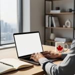 Over-the-shoulder view of a Canadian freelance writer typing on a laptop at a tidy home office desk, with a maple-leaf mug, open notebook, soft daylight, blurred bookshelves, and the CN Tower visible through the window.