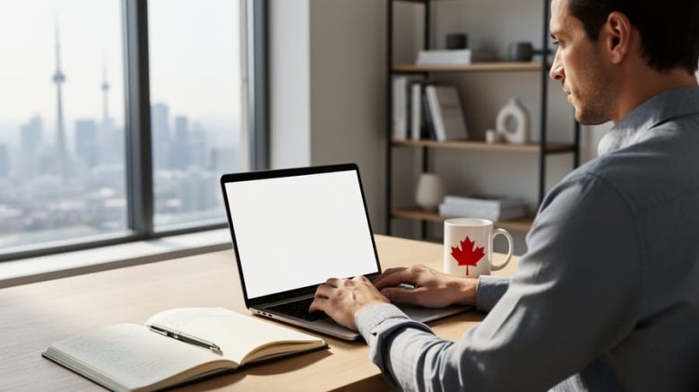Over-the-shoulder view of a Canadian freelance writer typing on a laptop at a tidy home office desk, with a maple-leaf mug, open notebook, soft daylight, blurred bookshelves, and the CN Tower visible through the window.