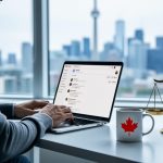 Over-the-shoulder view of a Canadian freelancer at a laptop showing an email interface without readable text, a Canadian flag mug and brass scales of justice on the desk, soft daylight, and a blurred Toronto skyline with the CN Tower in the background