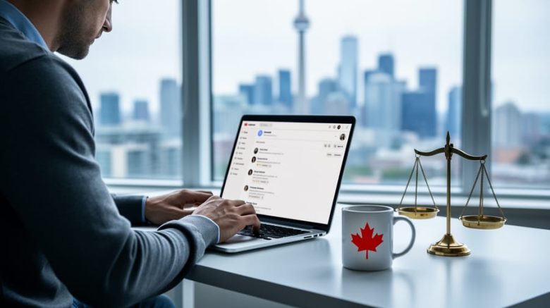 Over-the-shoulder view of a Canadian freelancer at a laptop showing an email interface without readable text, a Canadian flag mug and brass scales of justice on the desk, soft daylight, and a blurred Toronto skyline with the CN Tower in the background