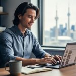 Canadian writer at a modern home office desk typing on a laptop with coffee and notebook, soft natural daylight, blurred bookshelves and window revealing a CN Tower skyline; no readable text visible.
