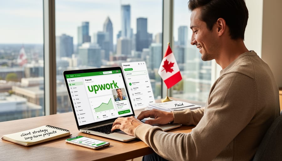 Freelance writer celebrating success while working on laptop in home office