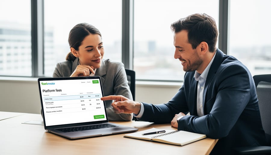 Two professionals shaking hands over desk with laptop and documents in modern office