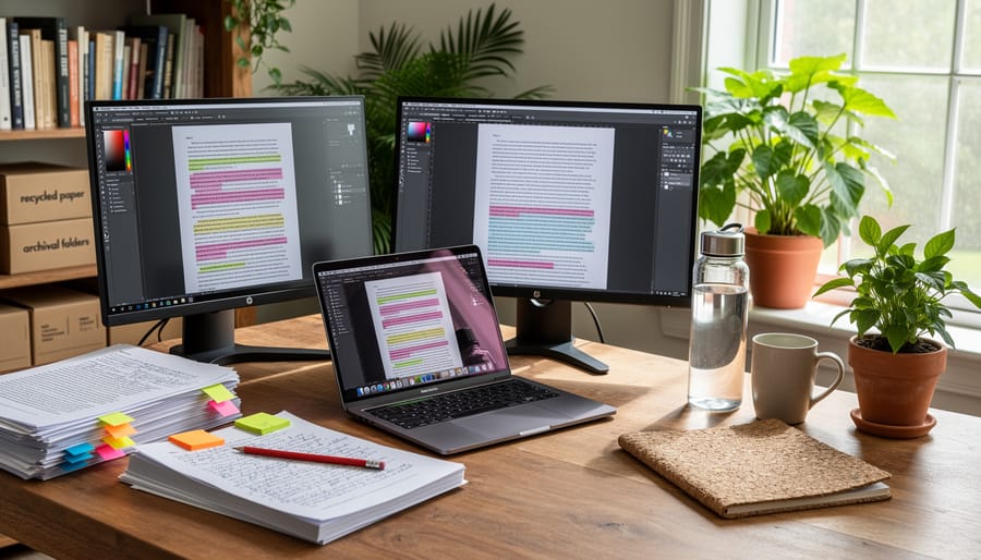 Edited manuscript with red marks next to laptop showing digital editing software on wooden desk