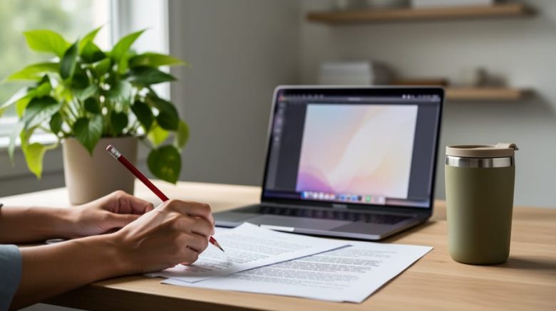 Hands of a freelance editor holding a red pencil over printed pages beside an open laptop on a wood desk, with a leafy plant and reusable mug, in soft natural light and a softly blurred home office background.
