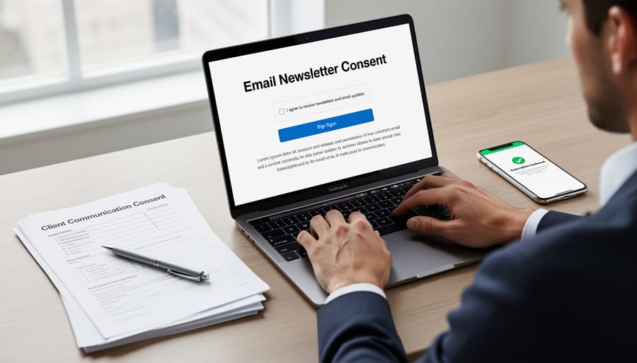 Person at laptop with email newsletter signup form on screen