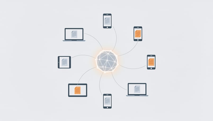 Multiple laptops in shared workspace representing collaborative federated learning network